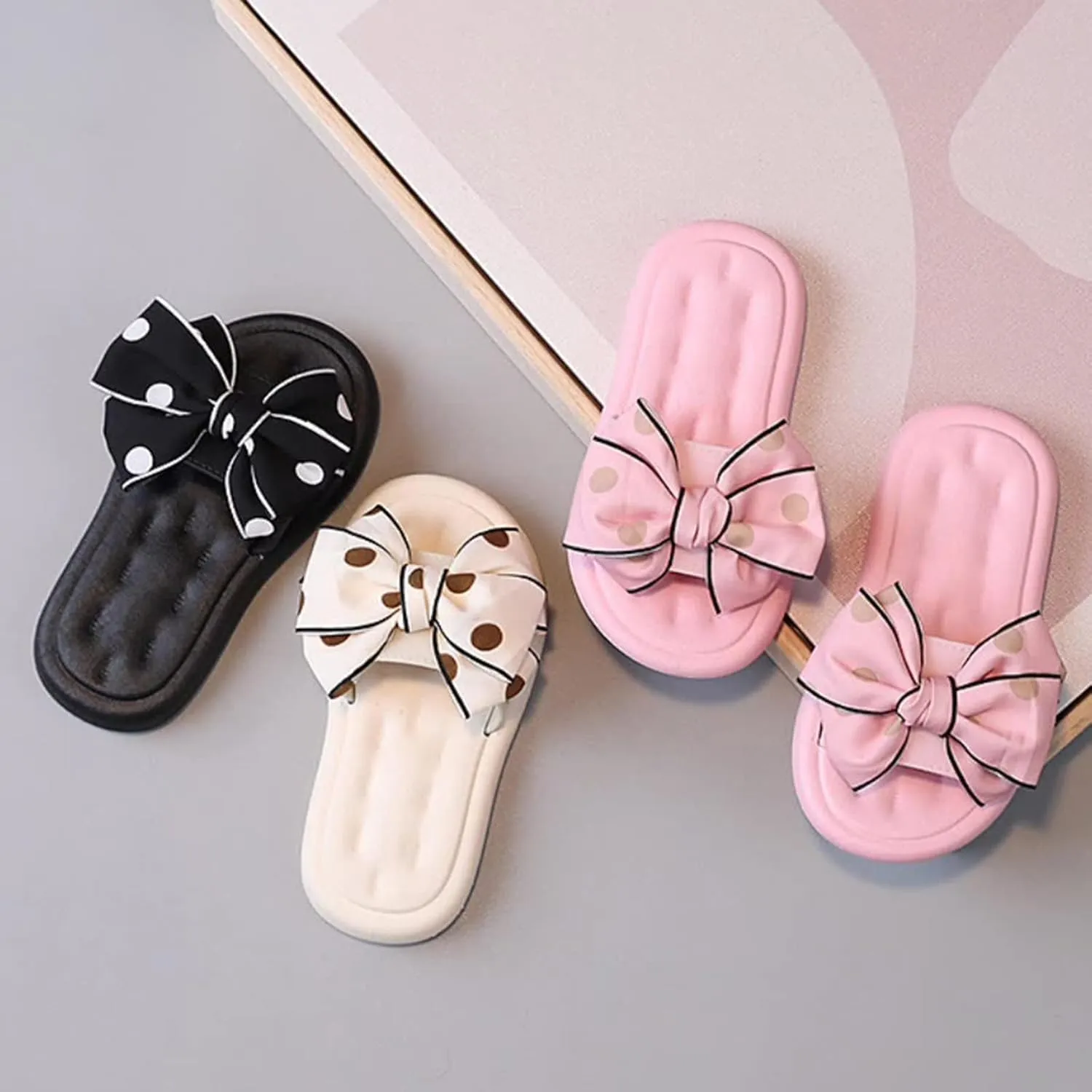 Girls Slippers Polka Dot Print Bow Flat Sandals Sliders Kids Baby Girls Summer Open Toe Beach Pool Non-slip Sandals