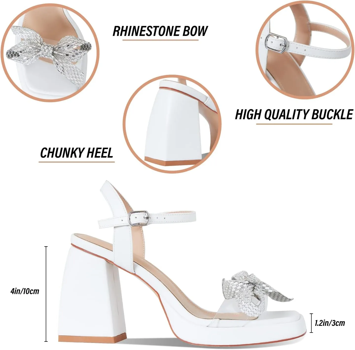 Goiphrri Chunky Heel Sandals for Women Bowknot Rhinestone Open Toe Pumps Ladies Heel Thick Square Toe Dress Shoe