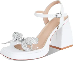 Goiphrri Chunky Heel Sandals for Women Bowknot Rhinestone Open Toe Pumps Ladies Heel Thick Square Toe Dress Shoe