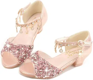 GOJERP Little Kids Girls Sandals Glitter Rhinestone Dress Pumps Sequins Princess Low Heels Party Dance Shoes (Pink, numeric_13)