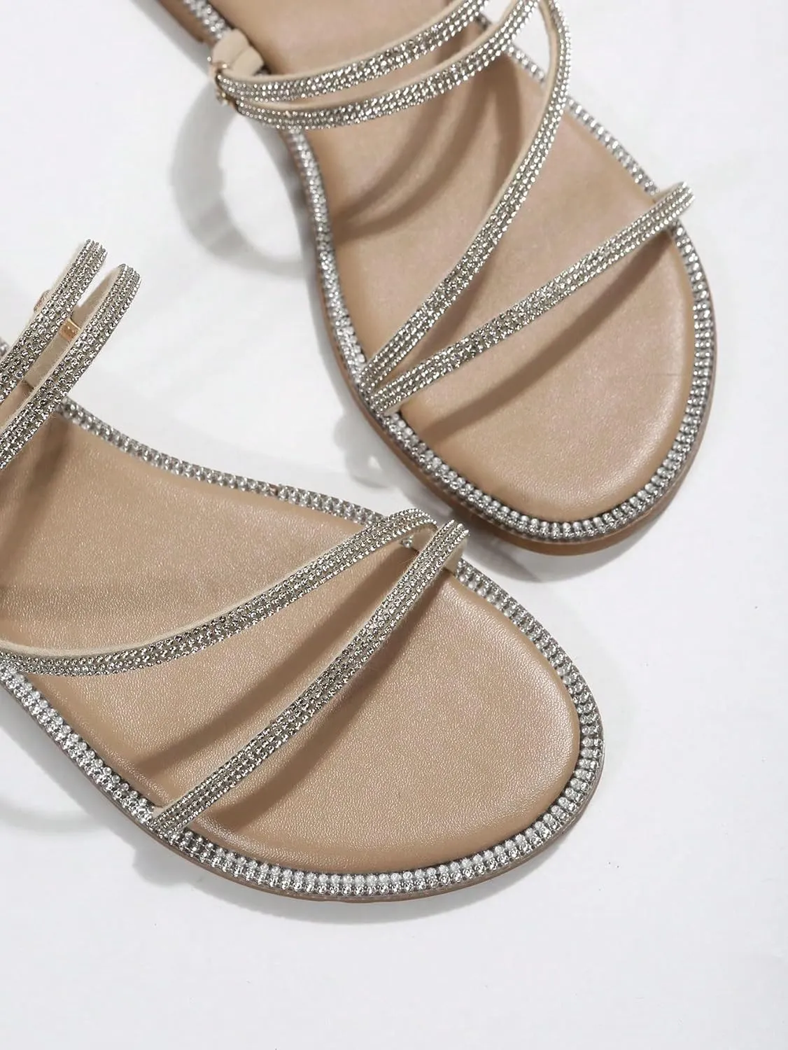 GORGLITTER Glitter Sandals Sparkly Flat Sandals Rhinestone Open Toe Slide Dressy Shoes