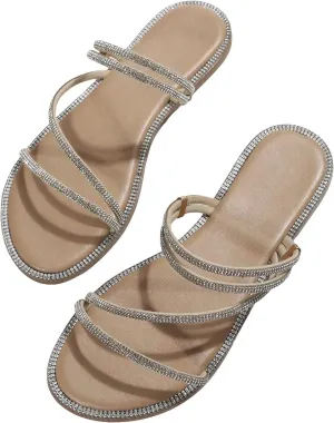 GORGLITTER Glitter Sandals Sparkly Flat Sandals Rhinestone Open Toe Slide Dressy Shoes