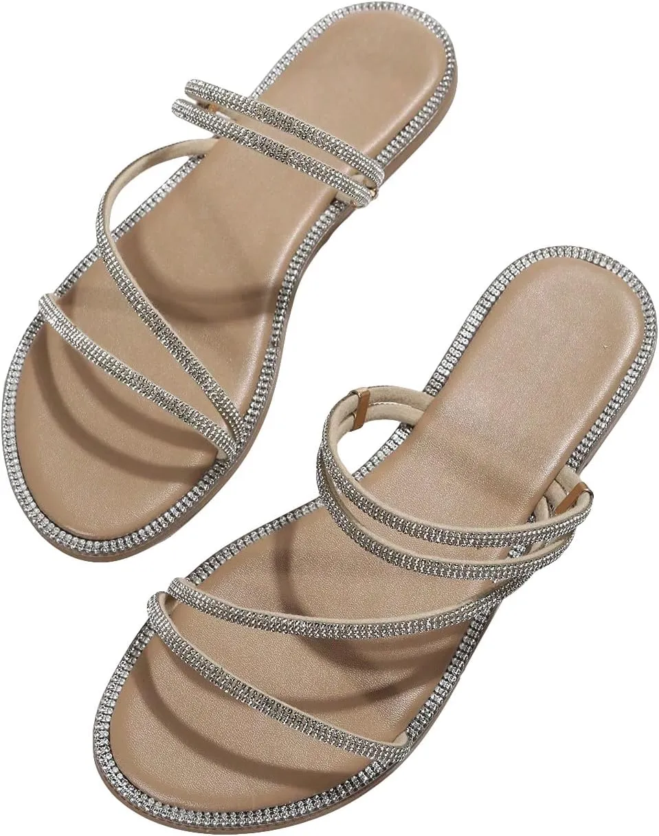 GORGLITTER Glitter Sandals Sparkly Flat Sandals Rhinestone Open Toe Slide Dressy Shoes