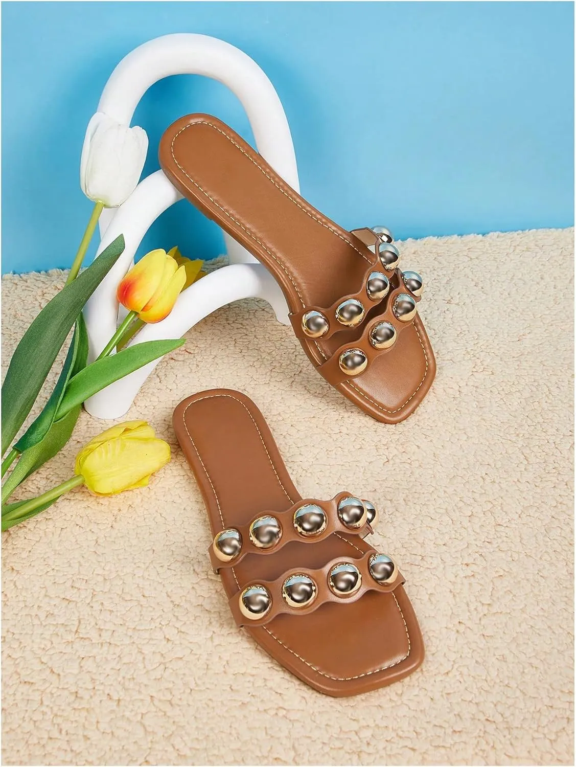 GORGLITTER Women's Bead Summer Sandals Double Strap Open Toe Slip On Flat Sandals