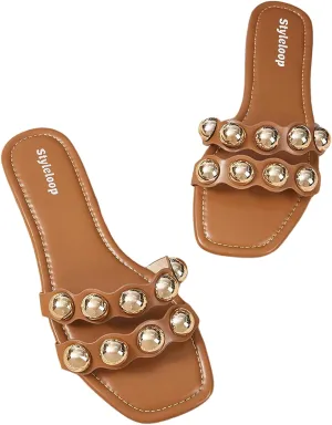 GORGLITTER Women's Bead Summer Sandals Double Strap Open Toe Slip On Flat Sandals