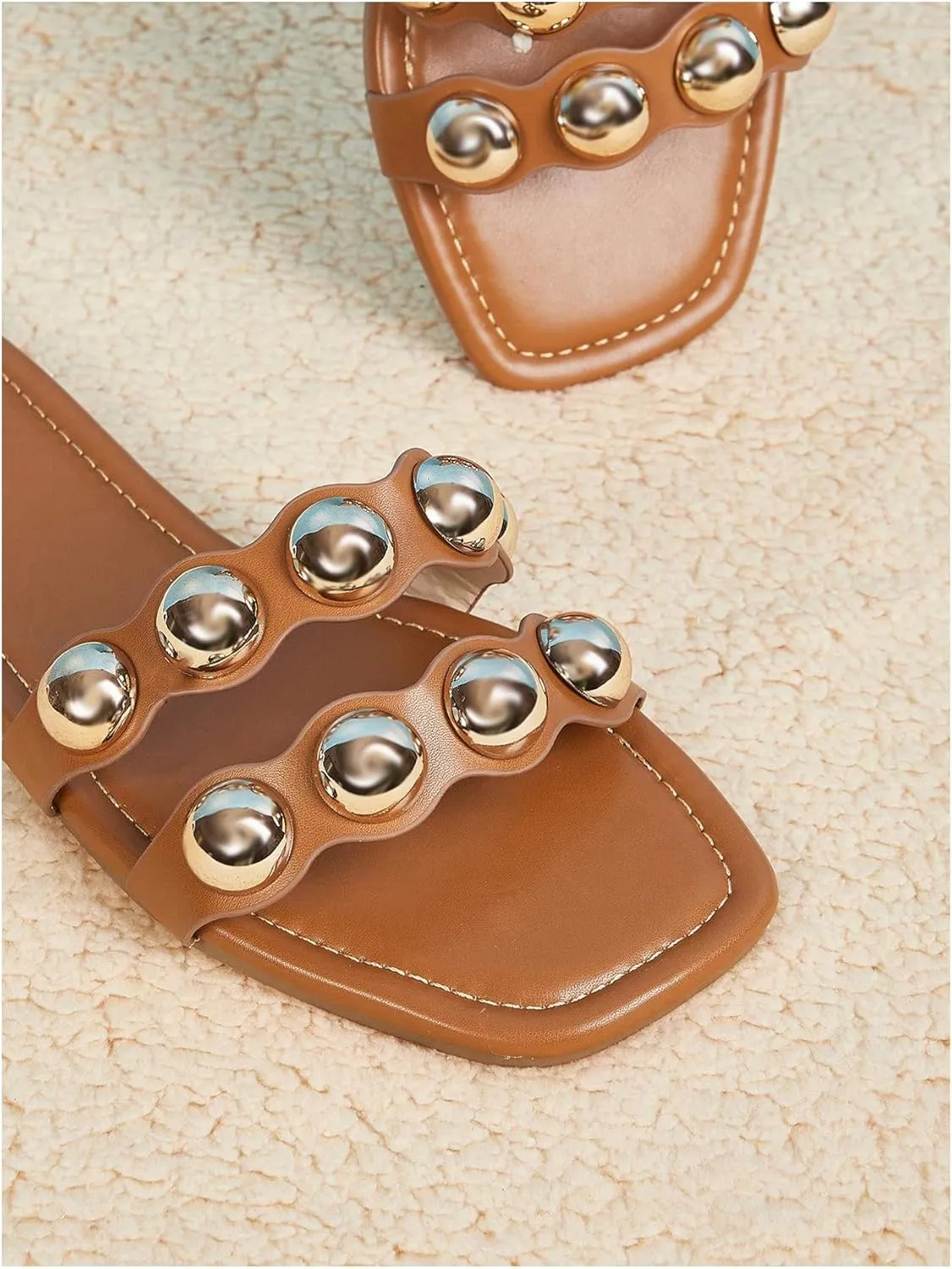 GORGLITTER Women's Bead Summer Sandals Double Strap Open Toe Slip On Flat Sandals
