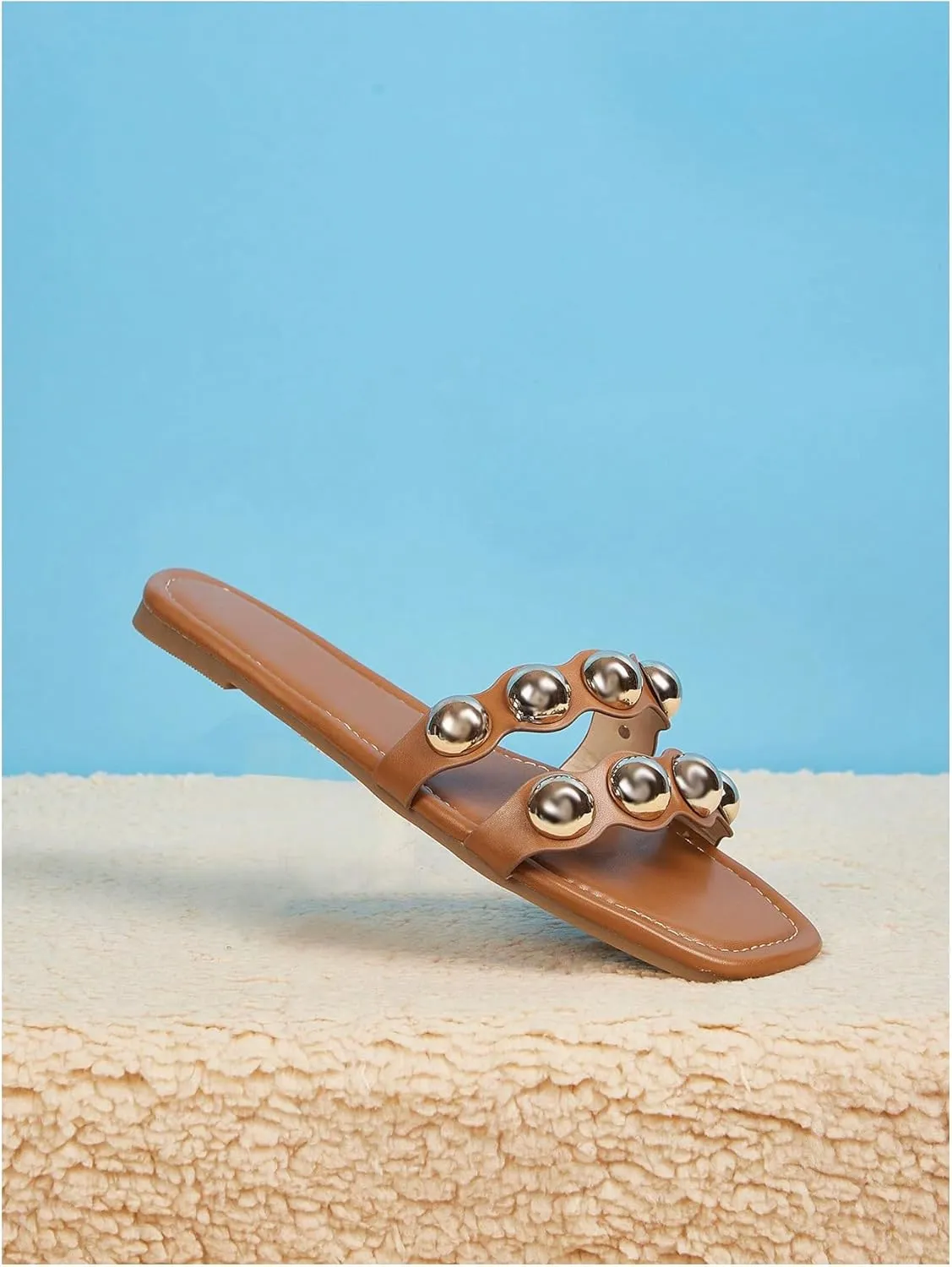 GORGLITTER Women's Bead Summer Sandals Double Strap Open Toe Slip On Flat Sandals