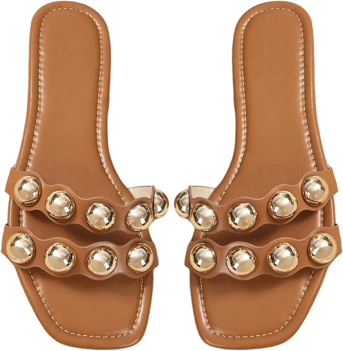 GORGLITTER Women's Bead Summer Sandals Double Strap Open Toe Slip On Flat Sandals