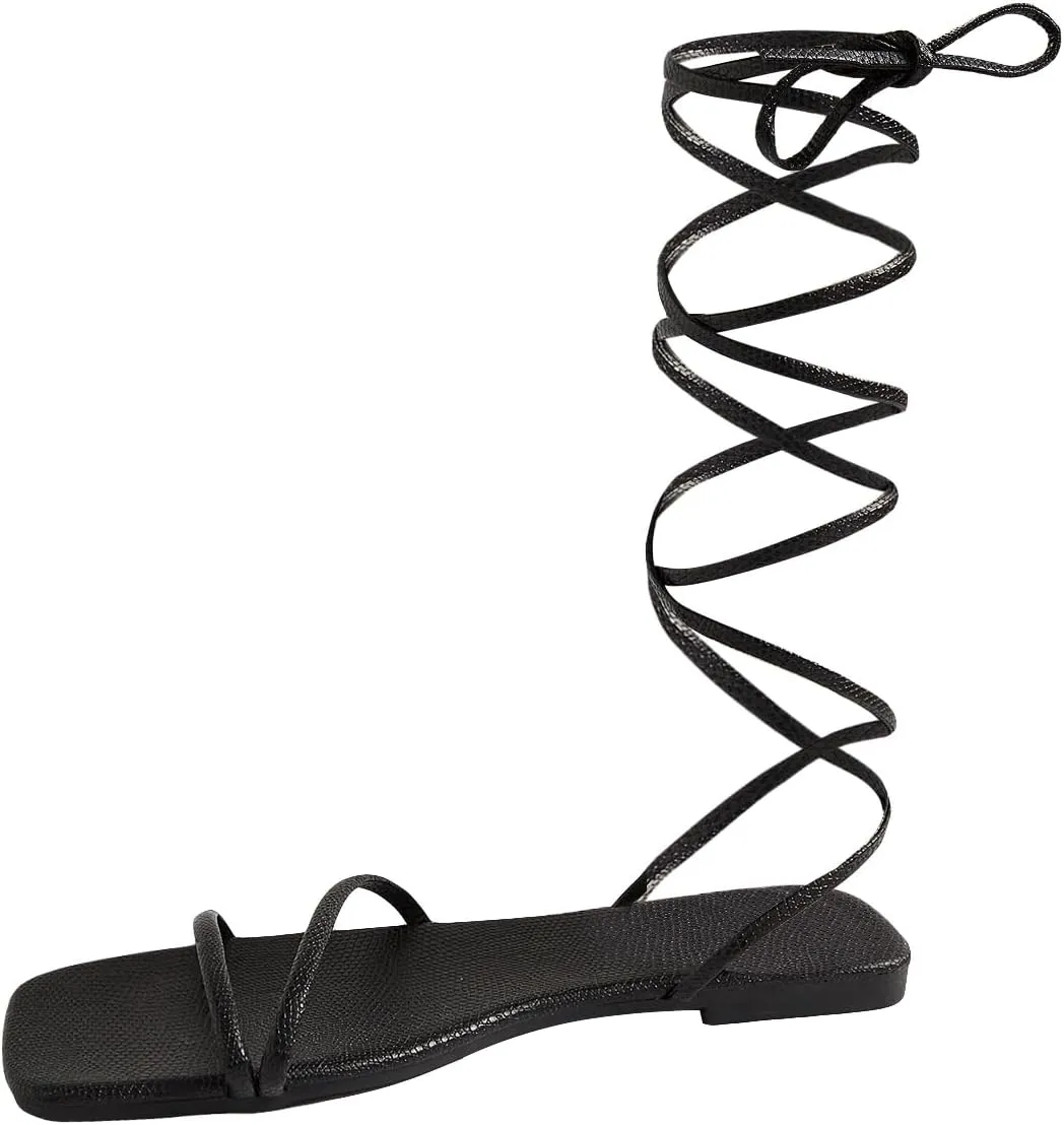 GORGLITTER Women's Lace Up Flat Gladiator Sandals Dressy Open Toe Strappy Slide Sandals