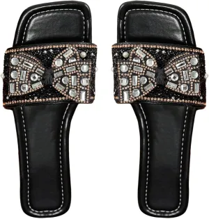 GORGLITTER Women's Rhinestone Bow Flat Sandals Dress Square Open Toe Summer Slide Sandals