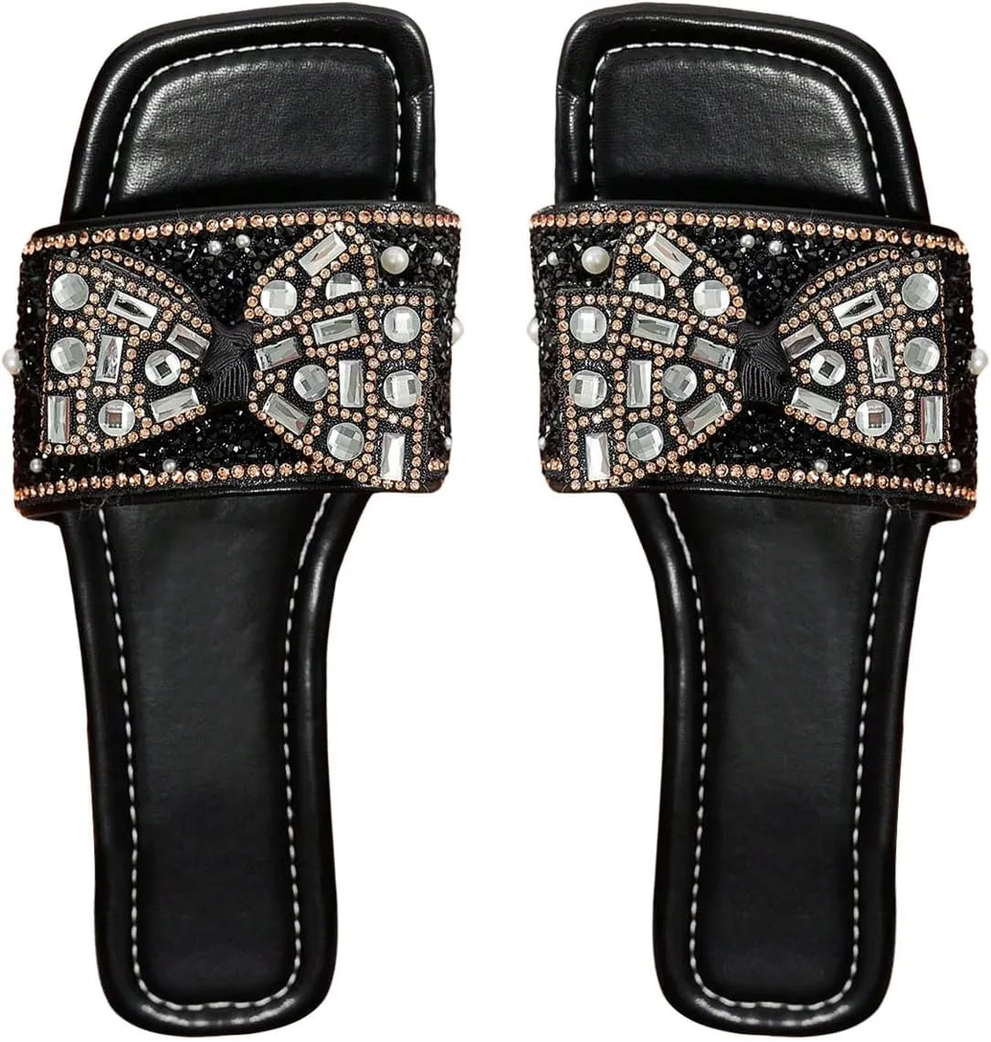 GORGLITTER Women's Rhinestone Bow Flat Sandals Dress Square Open Toe Summer Slide Sandals