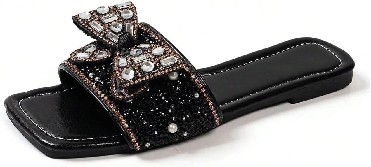 GORGLITTER Women's Rhinestone Bow Flat Sandals Dress Square Open Toe Summer Slide Sandals