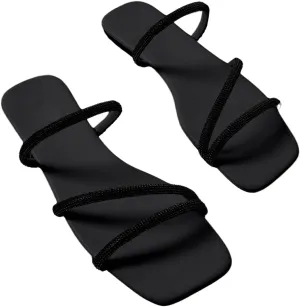 GORGLITTER Women's Rhinestone Flat Sandals Strappy Slip on Open Toe Slide Sandals