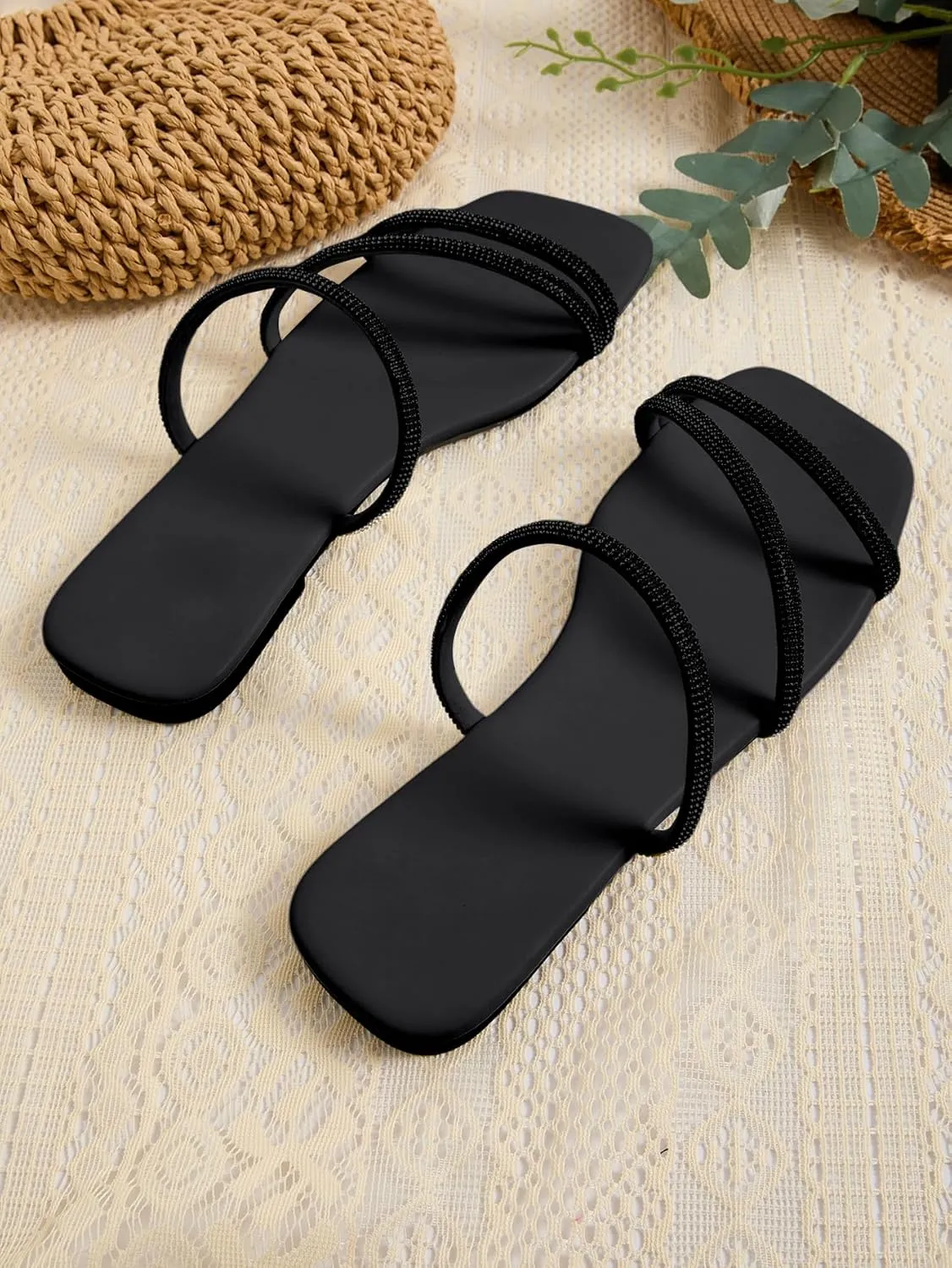 GORGLITTER Women's Rhinestone Flat Sandals Strappy Slip on Open Toe Slide Sandals