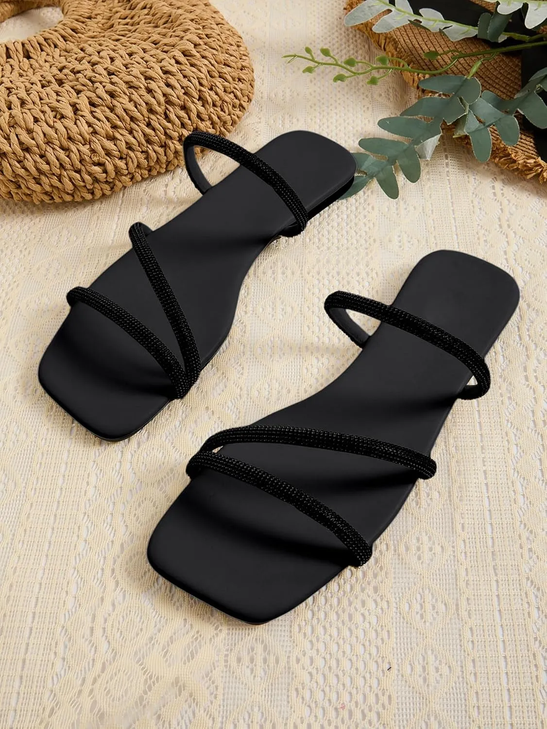 GORGLITTER Women's Rhinestone Flat Sandals Strappy Slip on Open Toe Slide Sandals