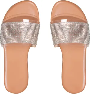 GORGLITTER Women's Rhinestone Sandals Sparkly Clear Sandals Open Toe Glitter Flat Sandals