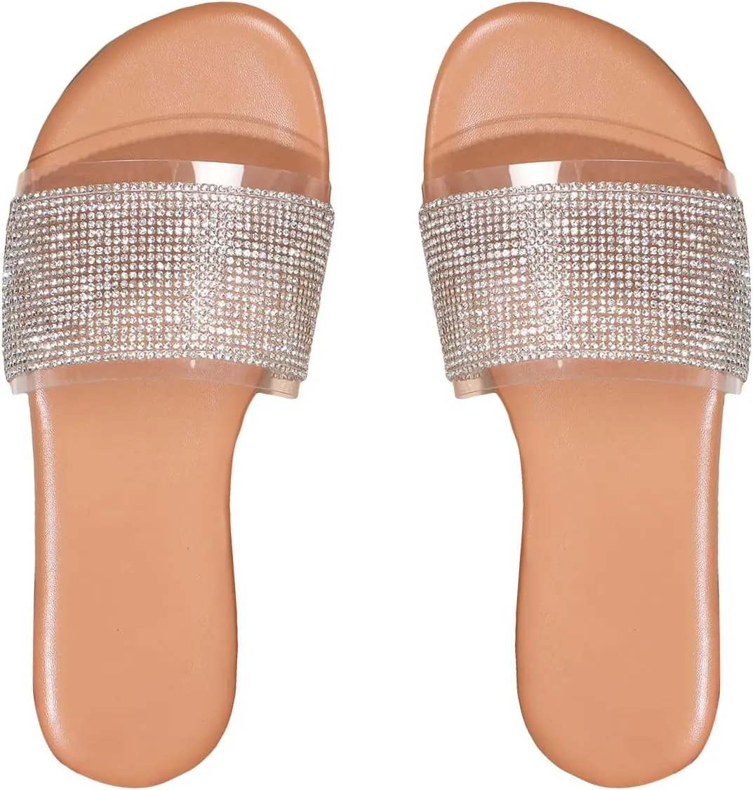 GORGLITTER Women's Rhinestone Sandals Sparkly Clear Sandals Open Toe Glitter Flat Sandals