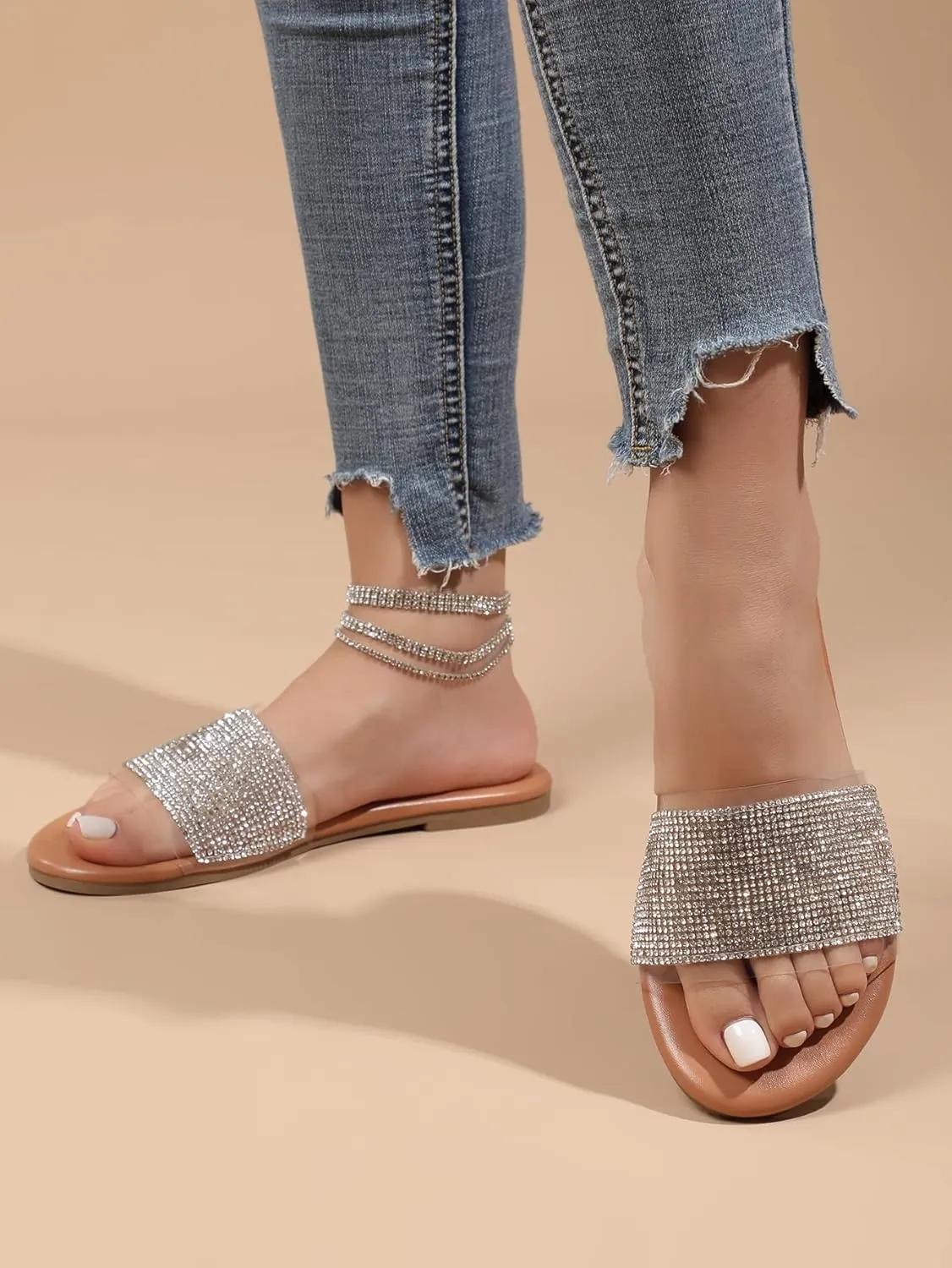 GORGLITTER Women's Rhinestone Sandals Sparkly Clear Sandals Open Toe Glitter Flat Sandals