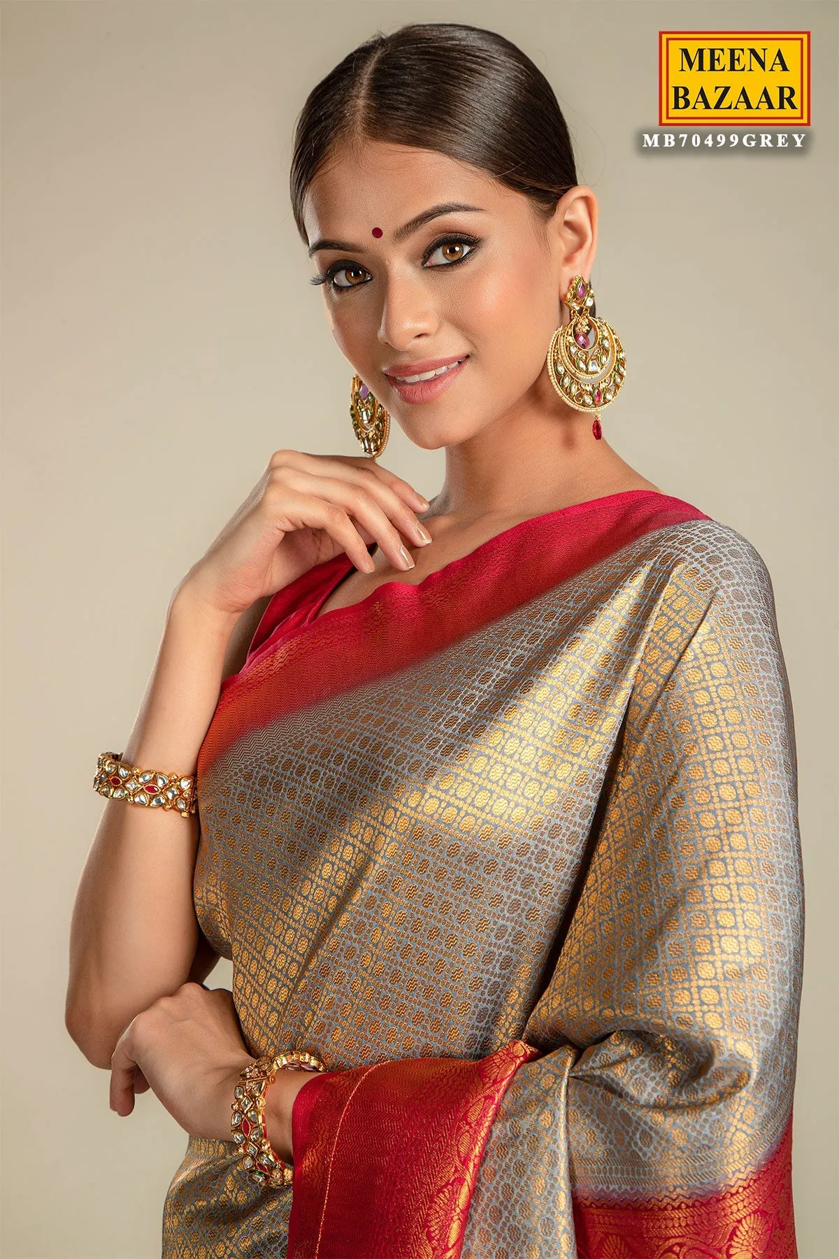 Grey Silk Weaving Embroidered Saree