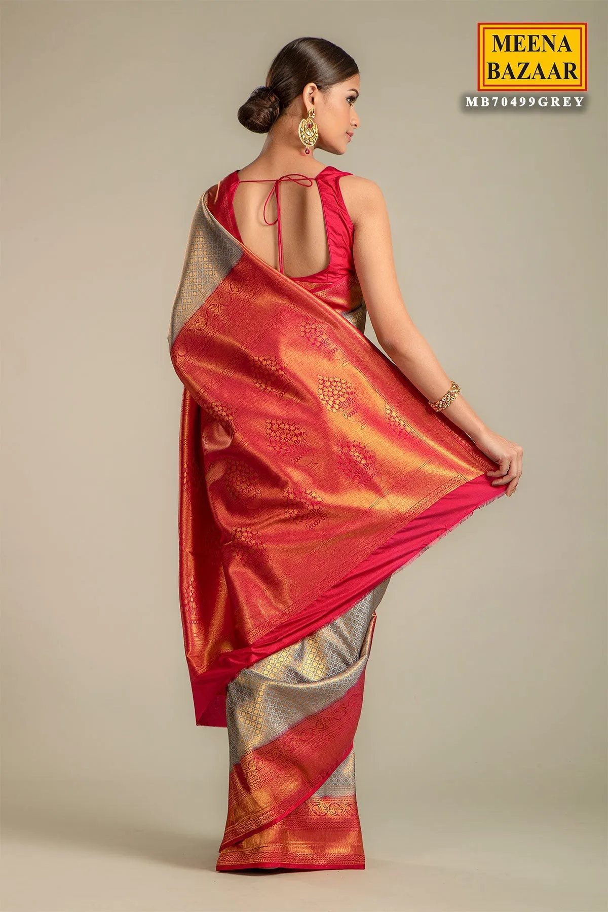 Grey Silk Weaving Embroidered Saree