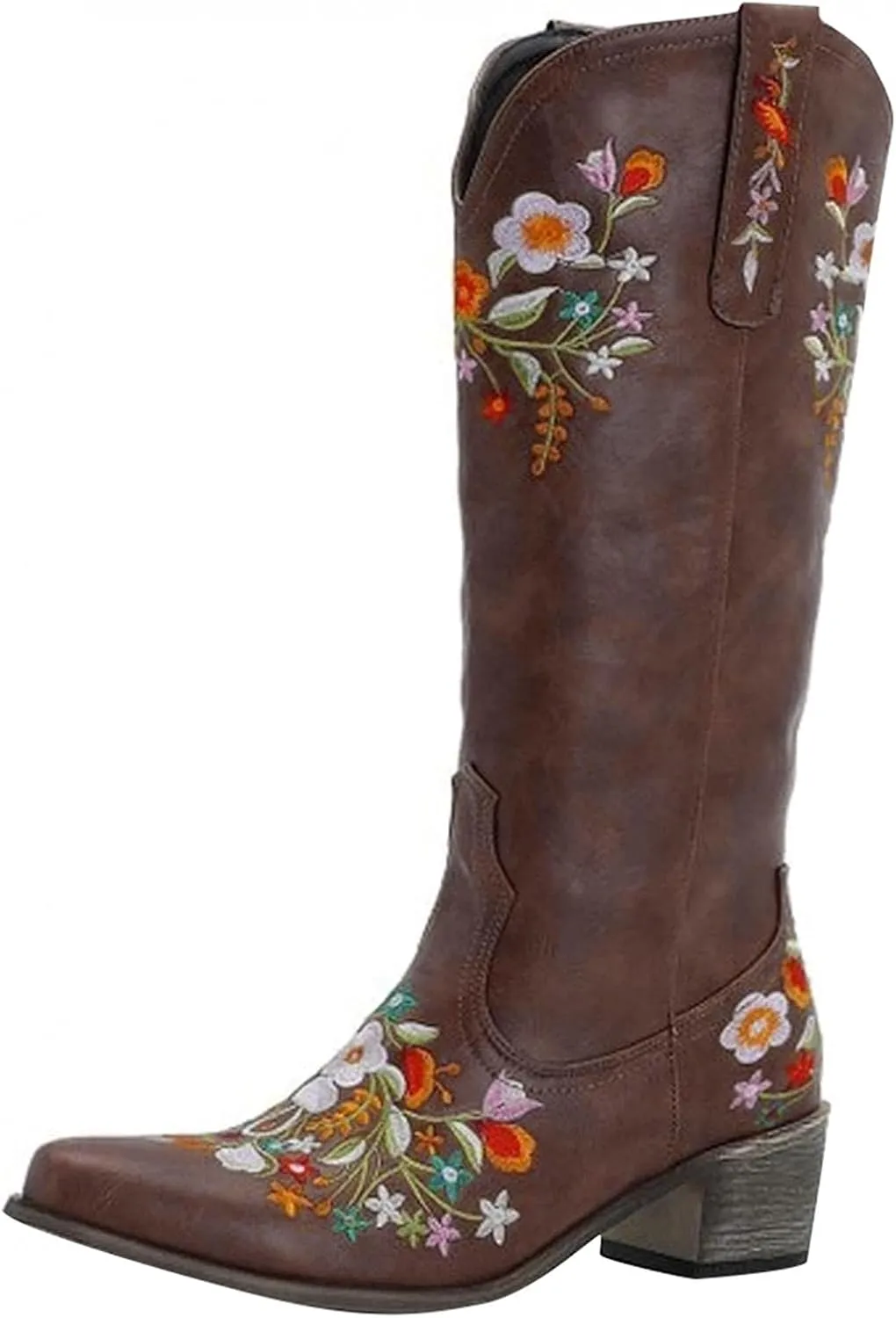Hbeylia Cowboy Boots For Women Vintage Ethnic Western Cowgirls Boots Flower Embroidered Pointed Toe Chunky Heels Mid Calf Knight Riding Boots Boho Retro Winter Fall Dress Tall Boots For Ladies