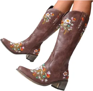 Hbeylia Cowboy Boots For Women Vintage Ethnic Western Cowgirls Boots Flower Embroidered Pointed Toe Chunky Heels Mid Calf Knight Riding Boots Boho Retro Winter Fall Dress Tall Boots For Ladies
