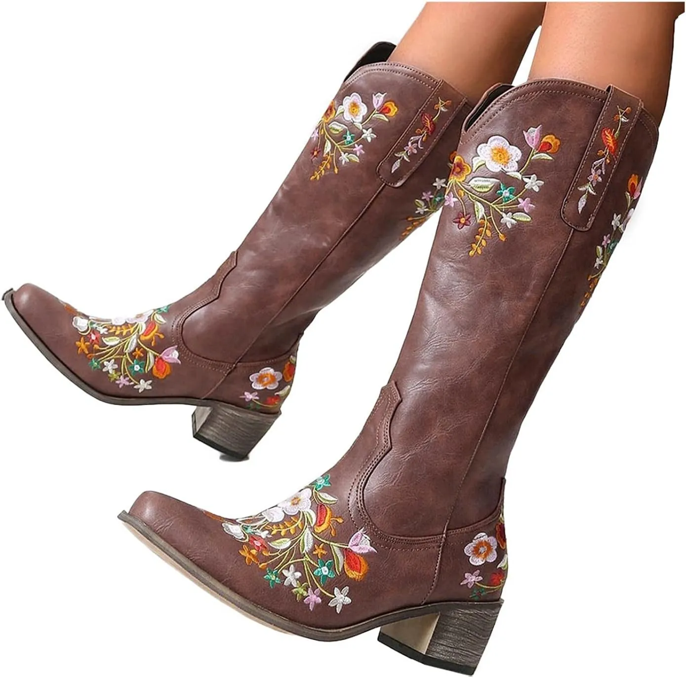 Hbeylia Cowboy Boots For Women Vintage Ethnic Western Cowgirls Boots Flower Embroidered Pointed Toe Chunky Heels Mid Calf Knight Riding Boots Boho Retro Winter Fall Dress Tall Boots For Ladies