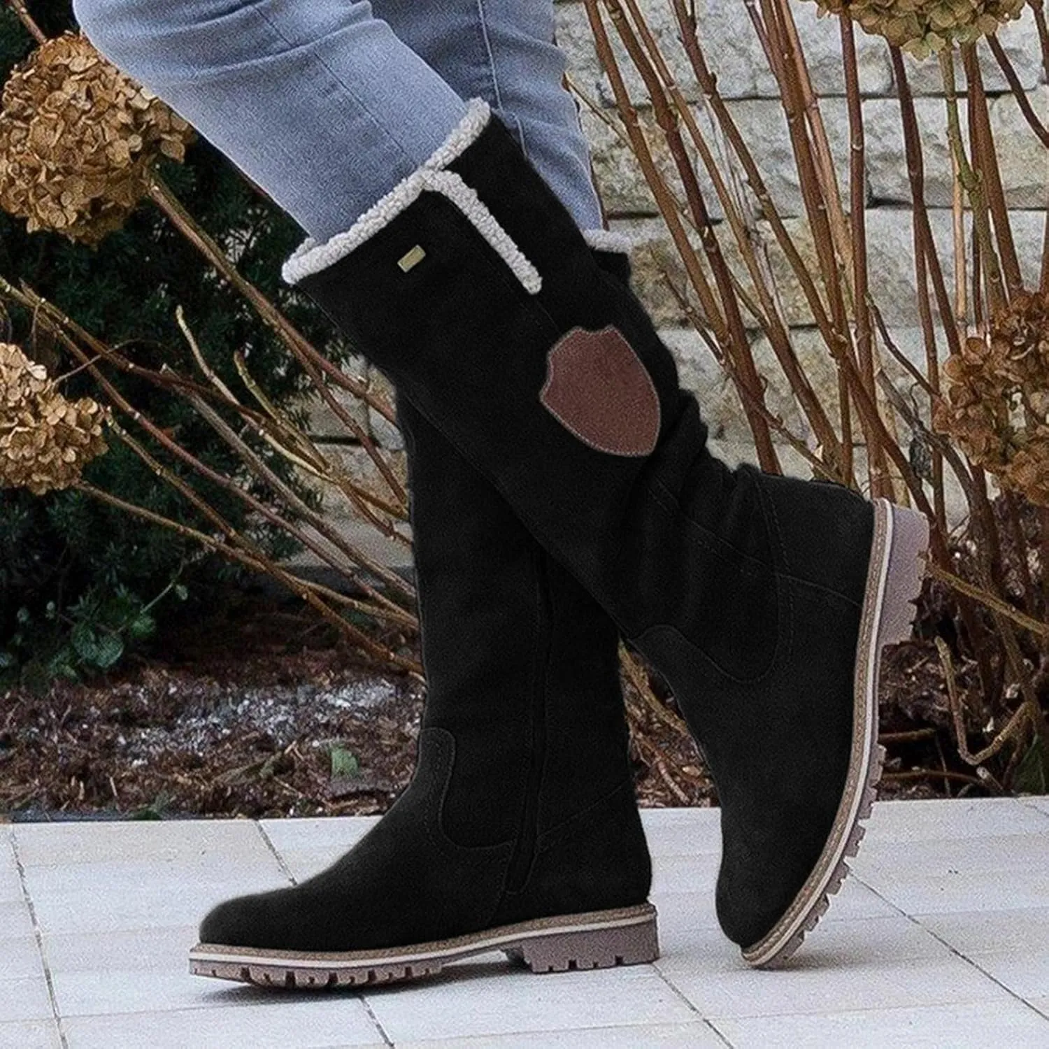 Hbeylia Knee High Boots For Women Girls Fashion Casual Fleece Lining Warm Low Heels Winter Snow Boots With Side Zipper Vintage Cotton Round Toe Fuzzy Flats Knee Length Long Tall Boots For Dress Skirt