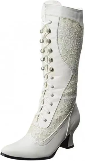 Hbeylia Vintage Lace Combat Boots For Women Ladies Retro Goth Lace Up Pointed Toe Chunky Block Mid Heels Mid Calf Dress Riding Boots Gothic Punk Dressy Knight Tall Boots For Halloween Party Decoration