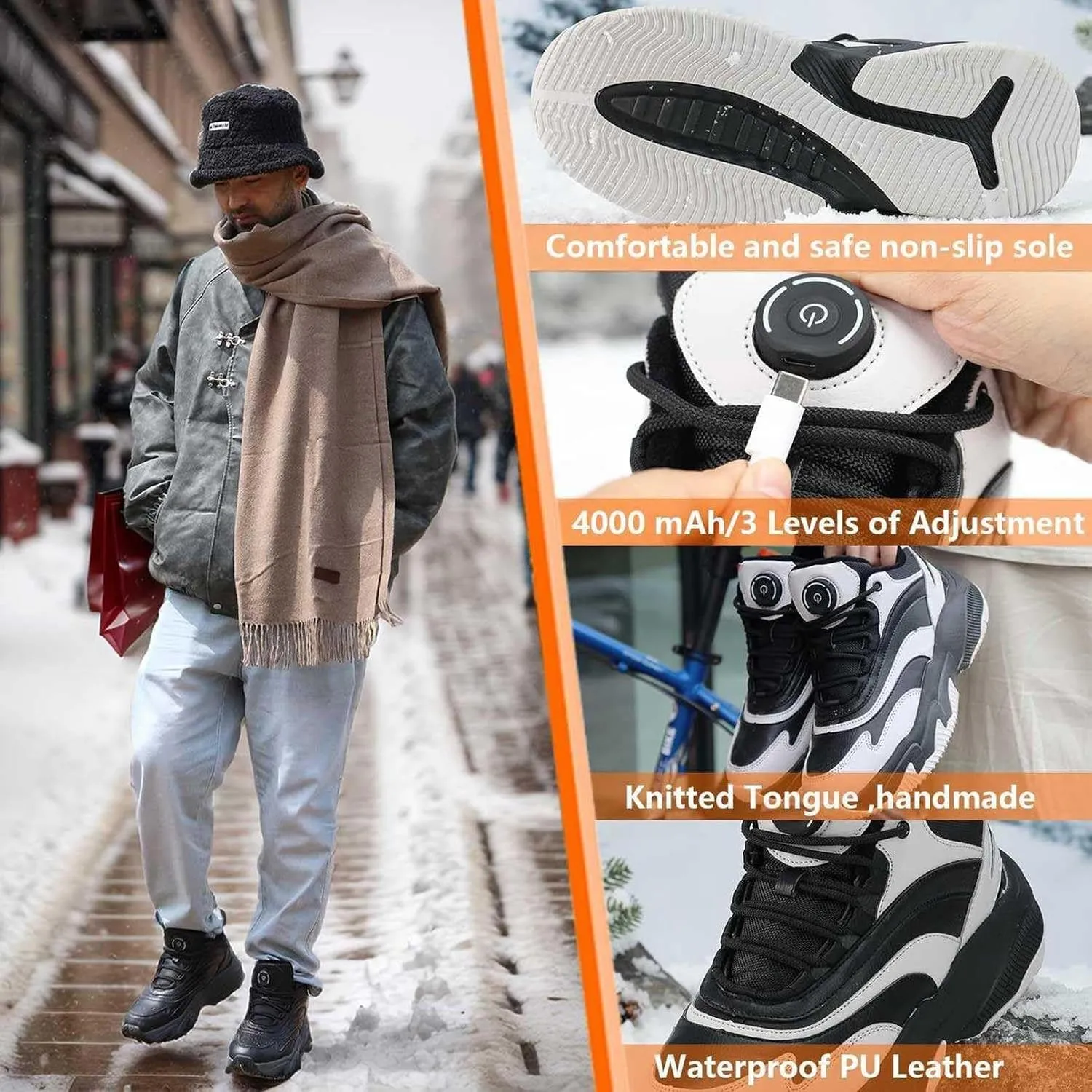 Heated Shoes for Men and Women, 4000 mAh Rechargeable(Last 8 Hours) USB Charging, 3 Adjustable Temperature, Up to 50 °C Electric Shoes, Winter Electric Shoes for Climbing, Hiking