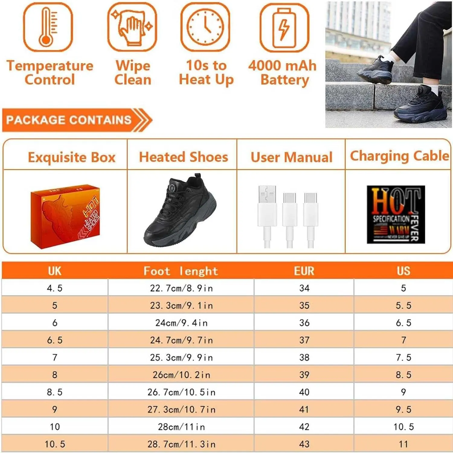 Heated Shoes for Men and Women, 4000 mAh Rechargeable(Last 8 Hours) USB Charging, 3 Adjustable Temperature, Up to 50 °C Electric Shoes, Winter Electric Shoes for Climbing, Hiking