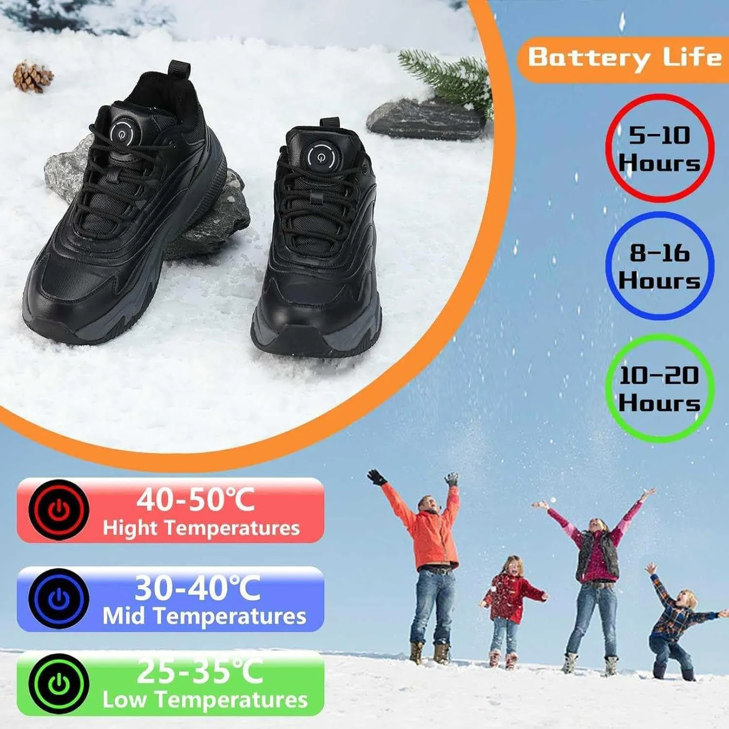 Heated Shoes for Men and Women, 4000 mAh Rechargeable(Last 8 Hours) USB Charging, 3 Adjustable Temperature, Up to 50 °C Electric Shoes, Winter Electric Shoes for Climbing, Hiking