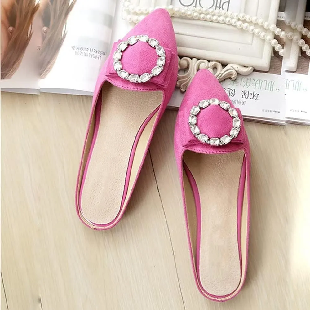 Hee grand Women's Flat Mules Crystal Shoes Rhinestone Pointed Toe Backless Slides Light Weight Slip on Loafers