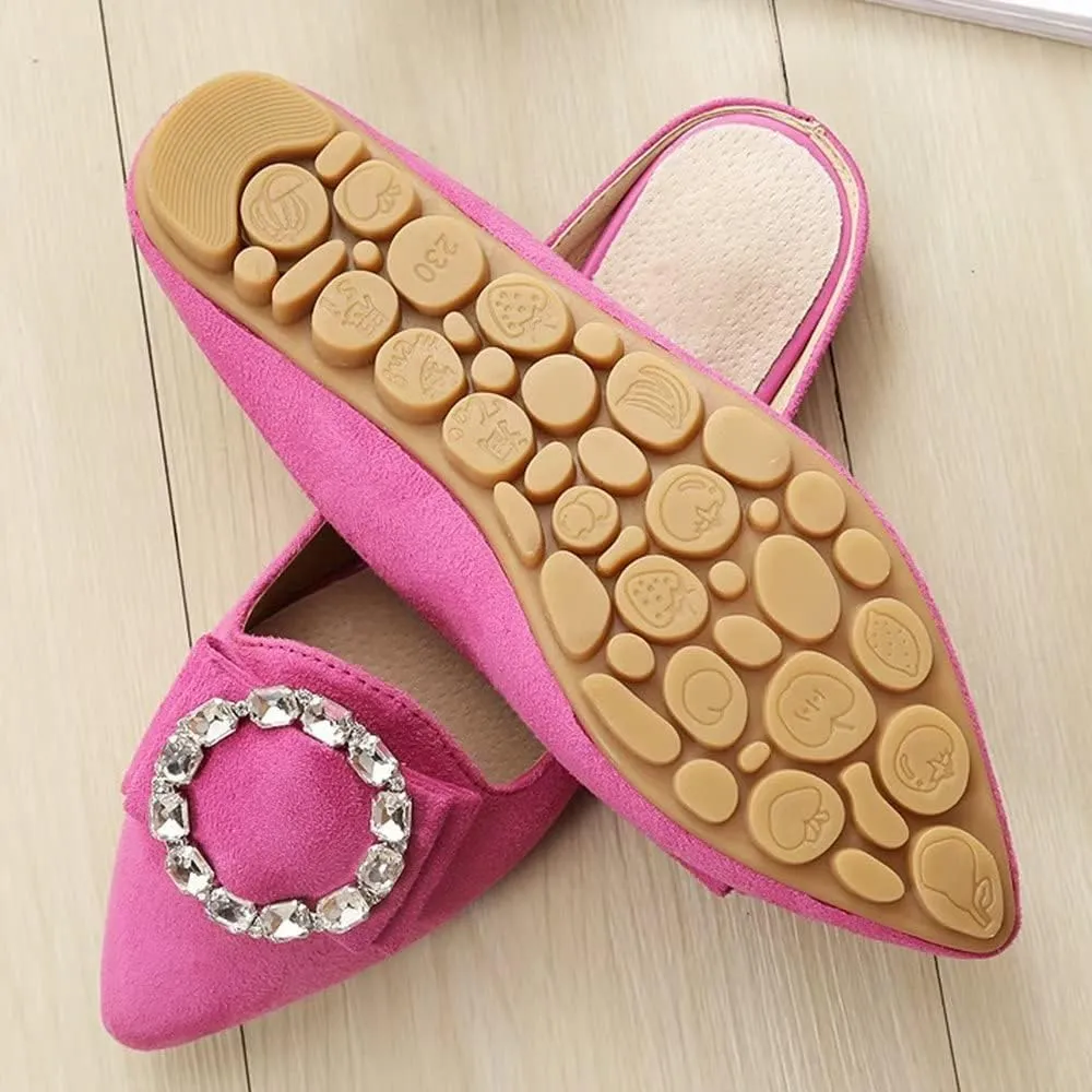 Hee grand Women's Flat Mules Crystal Shoes Rhinestone Pointed Toe Backless Slides Light Weight Slip on Loafers