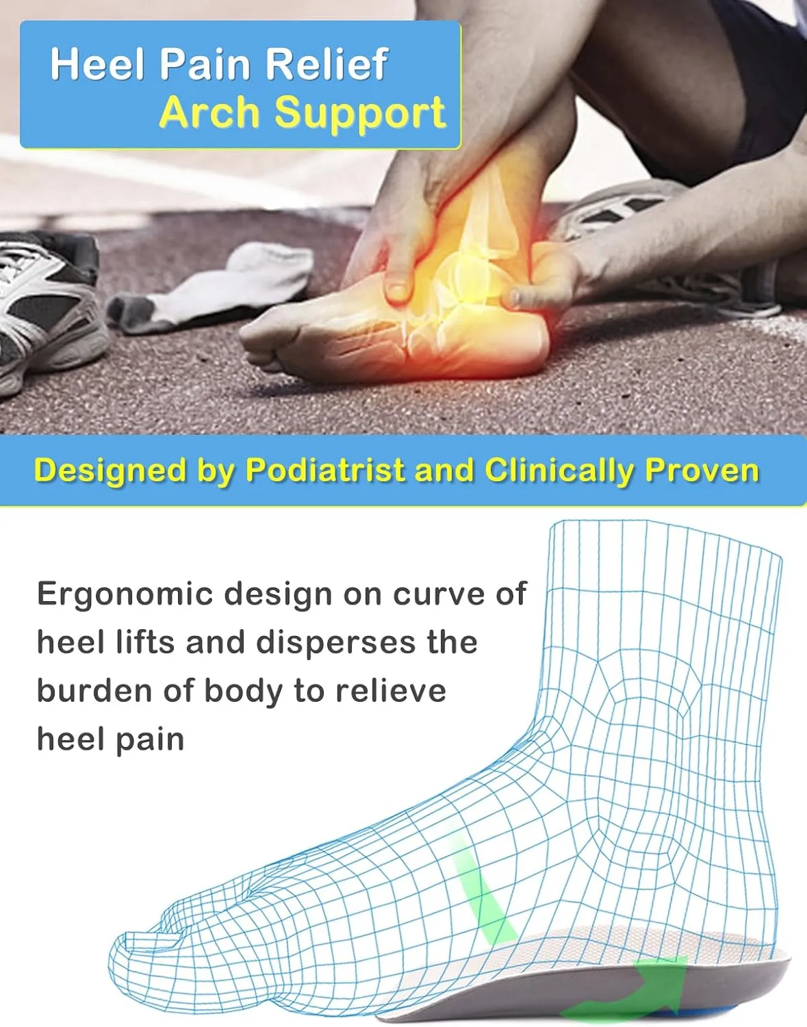 Heel Cup Plantar Fasciitis Inserts Arch Support【PORON Cushion - Made in USA】 Men Women Heel Insoles for Heel Pain (2pairs (Orange   Gray), Women 12-14 / Men 10-14.5)