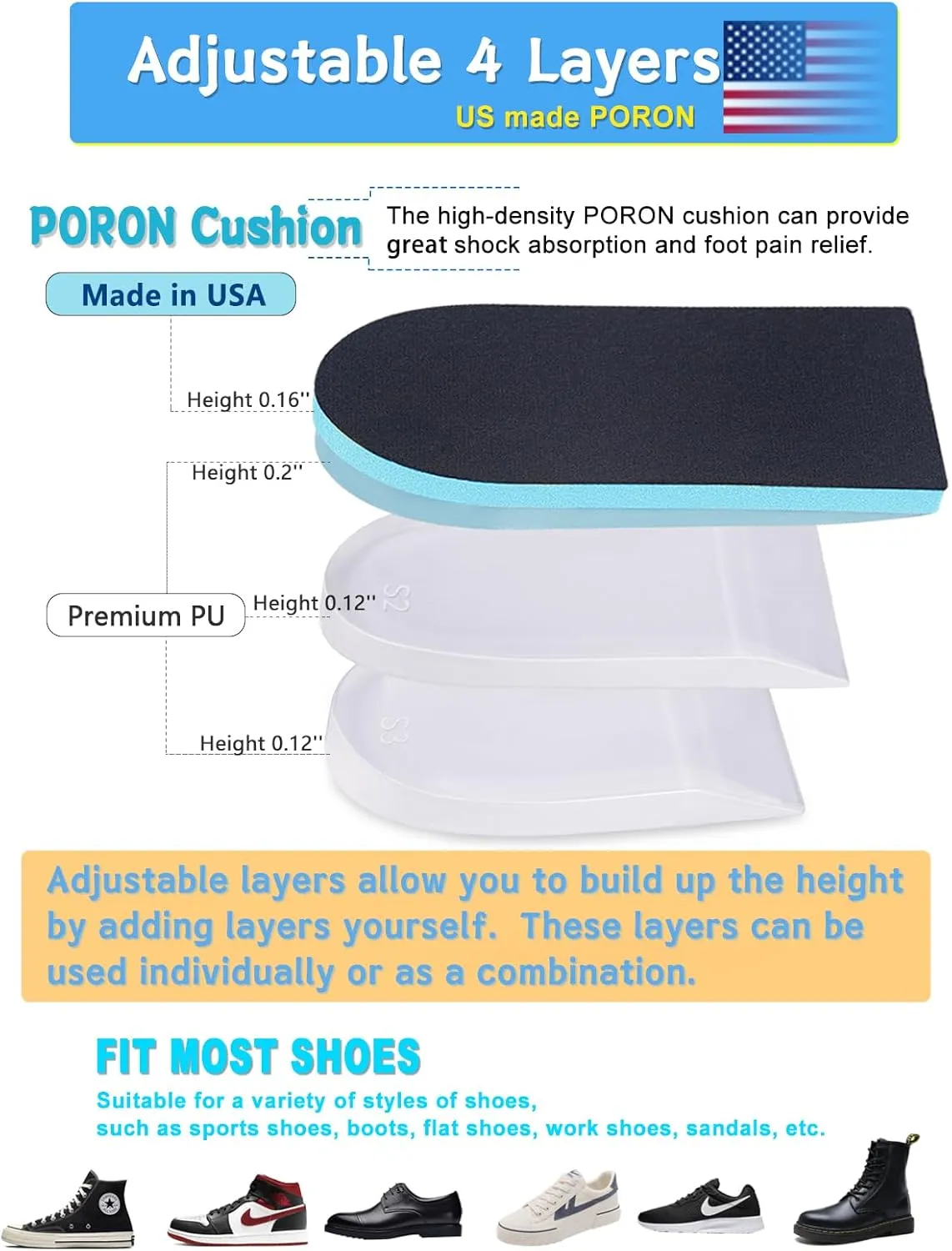 Heel Lift for Leg Length Discrepancy, Heel Pain Relief 【USA Made PORON】 Orthopedic Heel Increase Inserts for Plantar Fasciitis, Heel Height Adjustment ((2pairs) Black-Blue, W 12-14 / M 10-14.5)