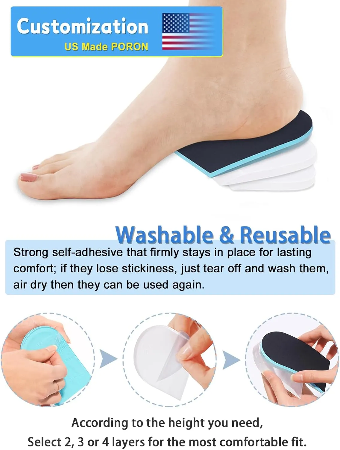 Heel Lift for Leg Length Discrepancy, Heel Pain Relief 【USA Made PORON】 Orthopedic Heel Increase Inserts for Plantar Fasciitis, Heel Height Adjustment ((2pairs) Black-Blue, W 12-14 / M 10-14.5)