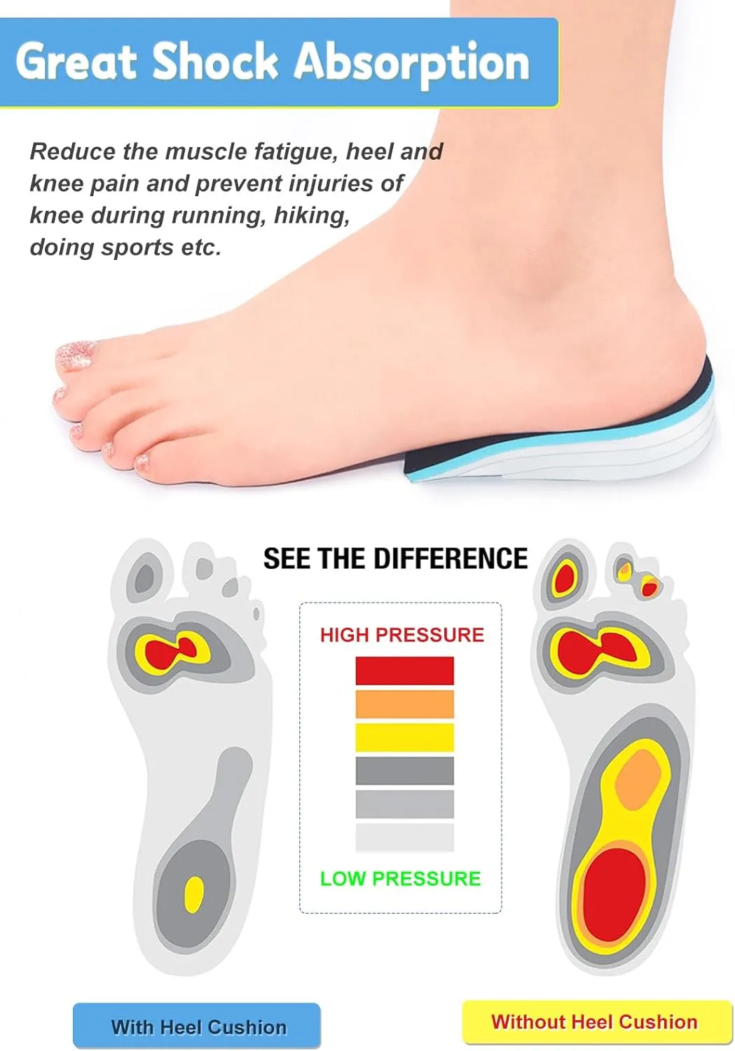 Heel Lift for Leg Length Discrepancy, Heel Pain Relief 【USA Made PORON】 Orthopedic Heel Increase Inserts for Plantar Fasciitis, Heel Height Adjustment ((2pairs) Black-Blue, W 12-14 / M 10-14.5)