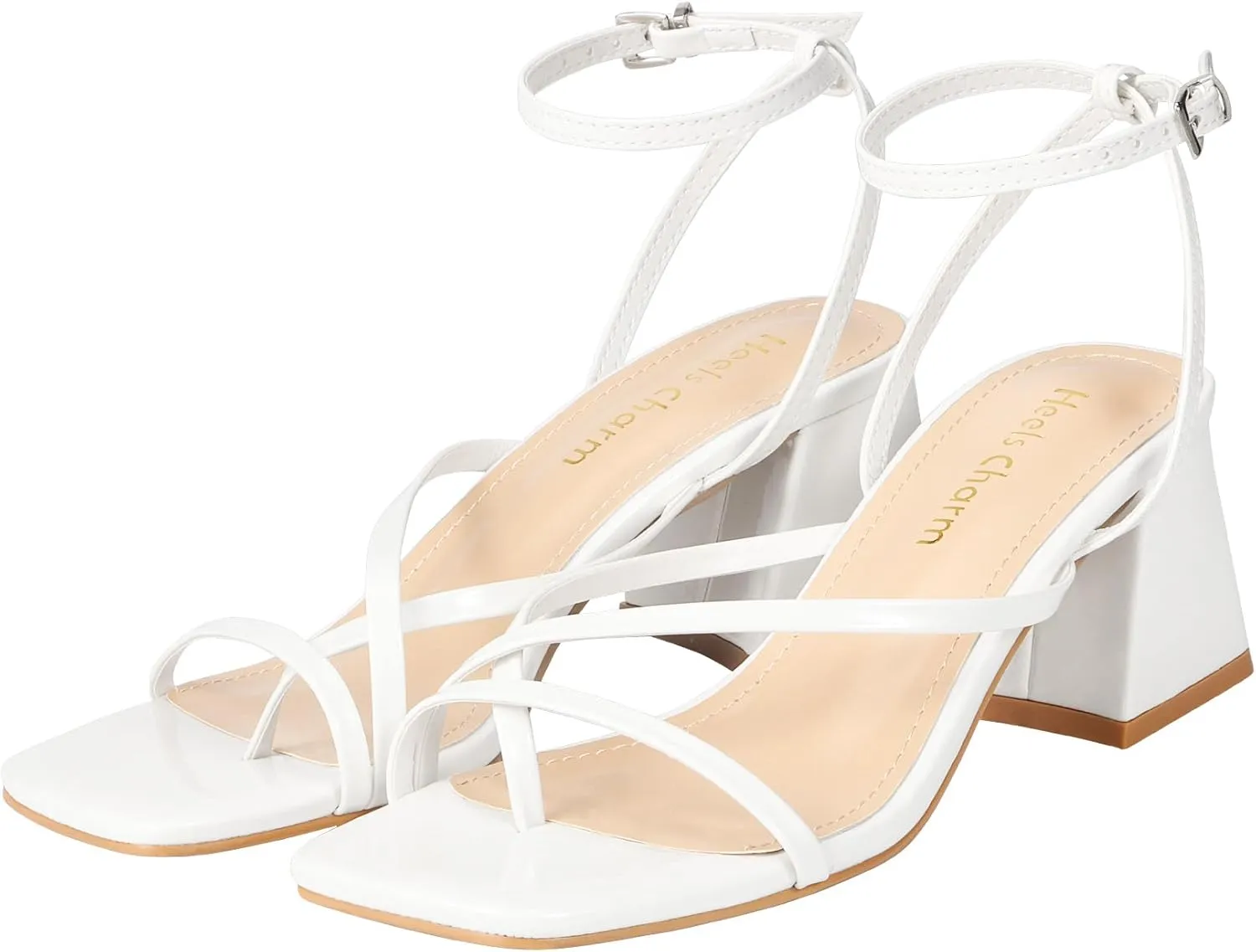 Heels Charm Women's Low Chunky Block Heeled Sandals 2.68 Inches Open Toe Cross Ankle Strap Block High Heel Sandal Dress Dancing Chunky Sandals Daily Work Party Wedding Shoes