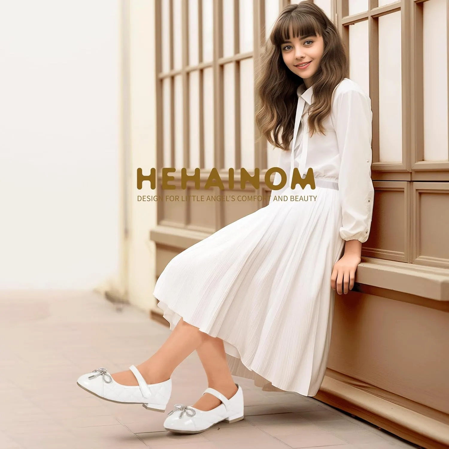 Hehainom Girls Dress Shoes Flower Girl Wedding Party School Little Big Kids Rhinestone Bow Ballet Flats Shoes
