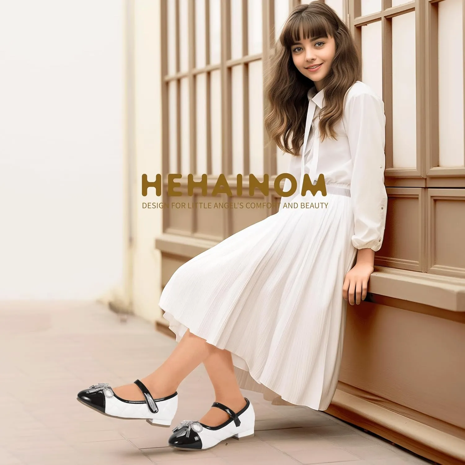 Hehainom Girls Dress Shoes Flower Girl Wedding Party School Little Big Kids Rhinestone Bow Ballet Flats Shoes