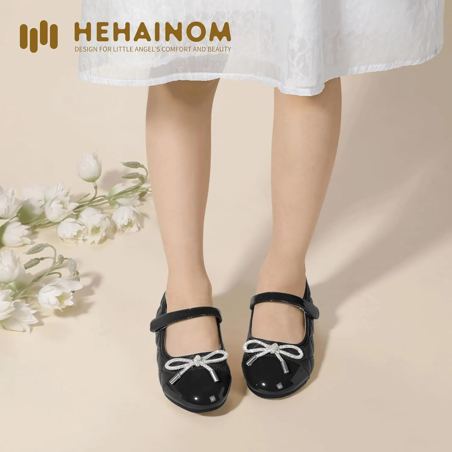 Hehainom Girls Dress Shoes Flower Girl Wedding Party School Little Big Kids Rhinestone Bow Ballet Flats Shoes