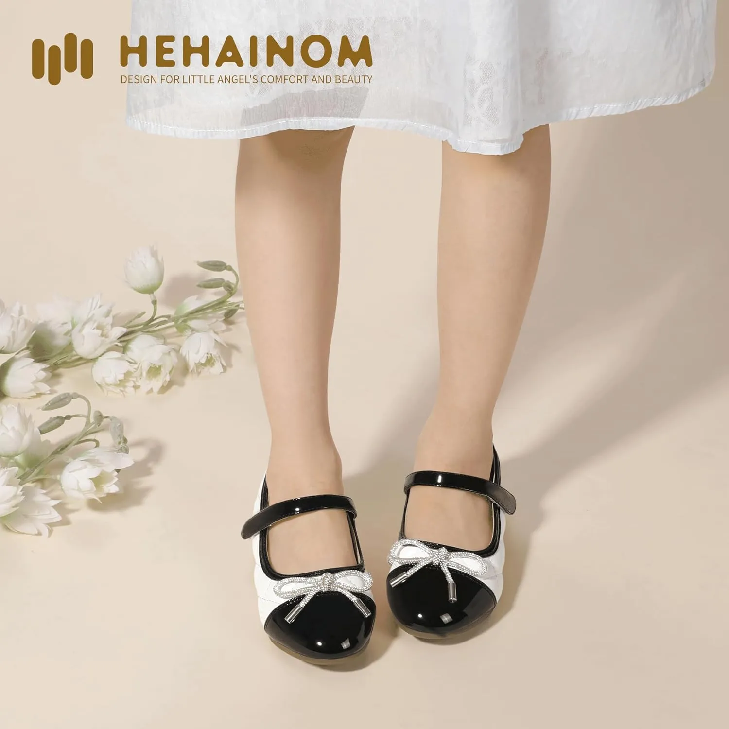 Hehainom Girls Dress Shoes Flower Girl Wedding Party School Little Big Kids Rhinestone Bow Ballet Flats Shoes