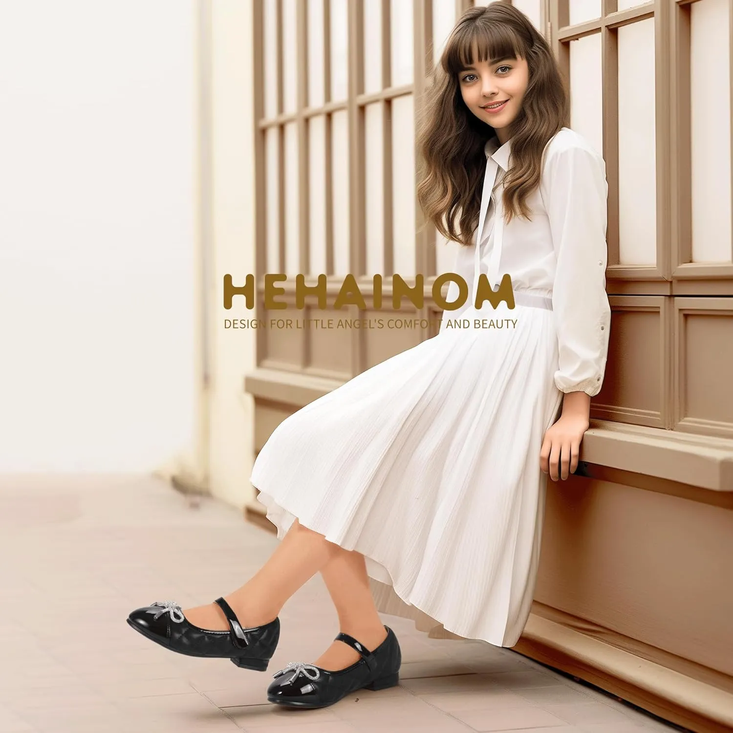Hehainom Girls Dress Shoes Flower Girl Wedding Party School Little Big Kids Rhinestone Bow Ballet Flats Shoes