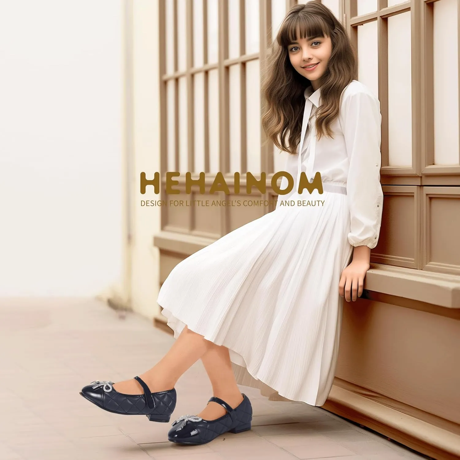 Hehainom Girls Dress Shoes Flower Girl Wedding Party School Little Big Kids Rhinestone Bow Ballet Flats Shoes