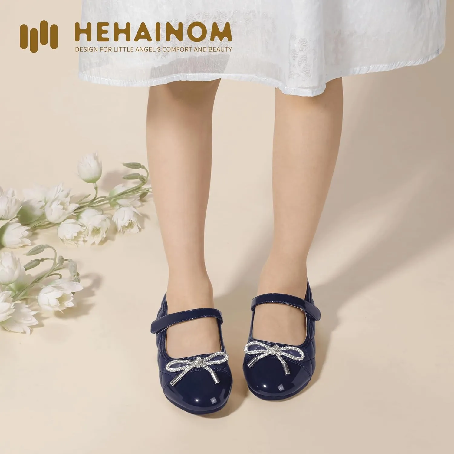 Hehainom Girls Dress Shoes Flower Girl Wedding Party School Little Big Kids Rhinestone Bow Ballet Flats Shoes