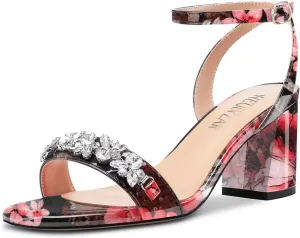 HEUIVZAR Women Chunky Block Mid Heel Peep Open Toe Sandals Ankle Strap Rhinestone Crystal Prom Dress 2.6 Inches Heels