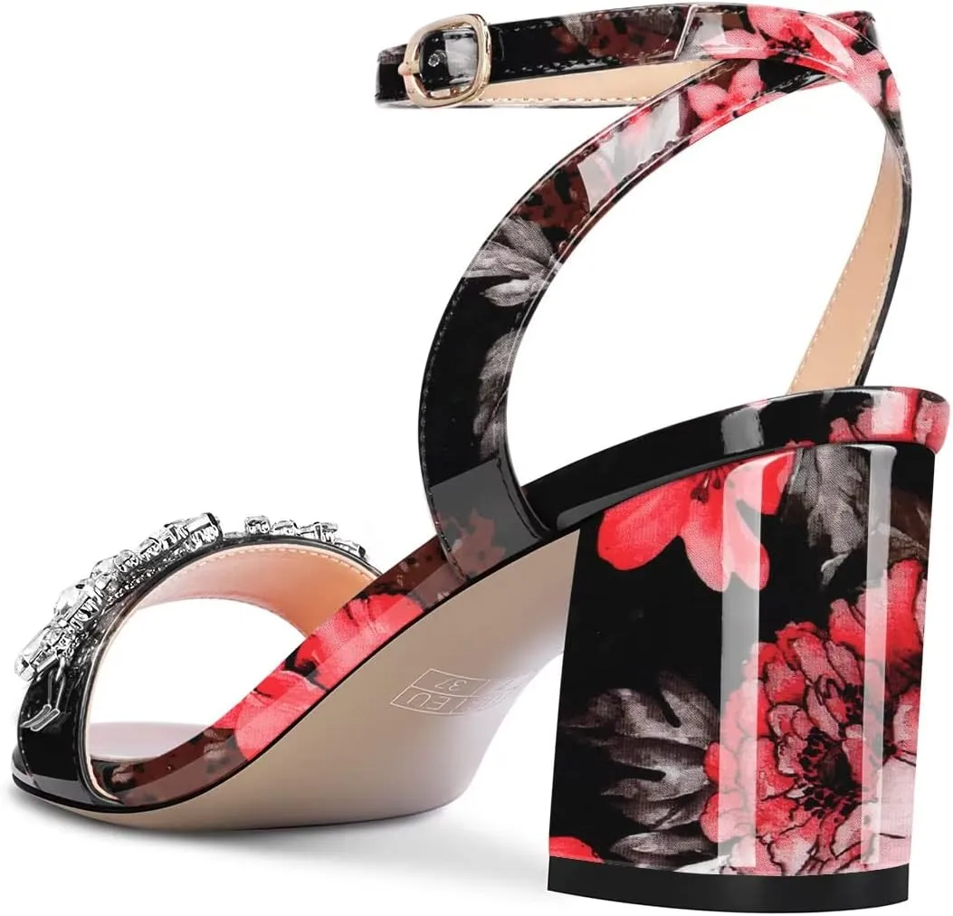 HEUIVZAR Women Chunky Block Mid Heel Peep Open Toe Sandals Ankle Strap Rhinestone Crystal Prom Dress 2.6 Inches Heels