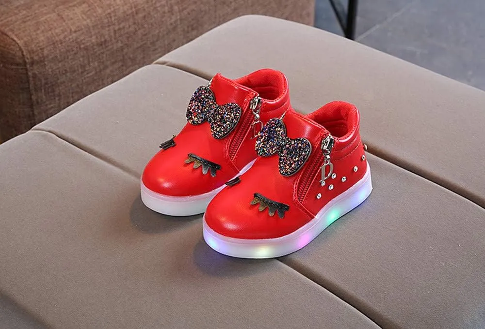 Infant Girls LED Crystal Boots Toddler Luminous Zipper High Top Sport Shoes Bowknot Pearl Water Proof Shoes