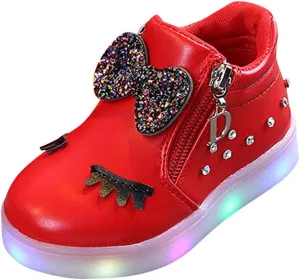 Infant Girls LED Crystal Boots Toddler Luminous Zipper High Top Sport Shoes Bowknot Pearl Water Proof Shoes
